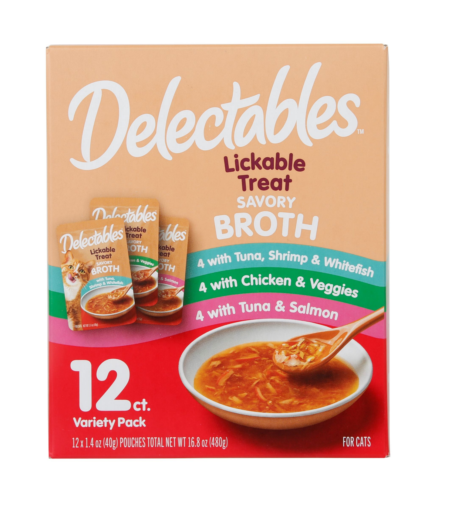 slide 1 of 2, Delectables 12 Pack Variety Savory Broths Lickable Treats for Cats 12 Pouches 1.4 oz Pouch 12 ea, 12 ct