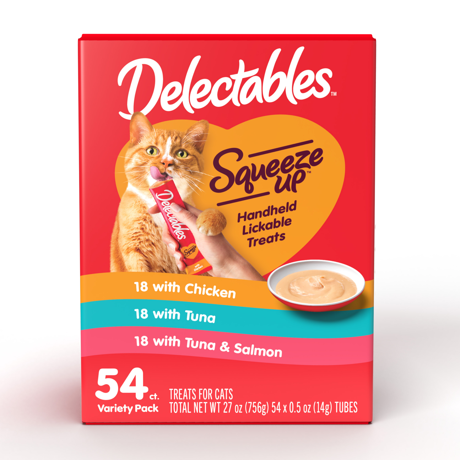 slide 1 of 1, Delectables Squeeze Up with Chicken/Tuna/Tuna & Salmon Treats for Cats Variety Pack 54 - 0.5 oz Tubes, 54 ct