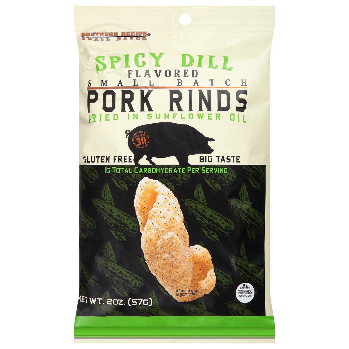 slide 1 of 9, Southern Recipe Small Batch Spicy Dill Flavored Pork Rinds 2 oz, 2 oz