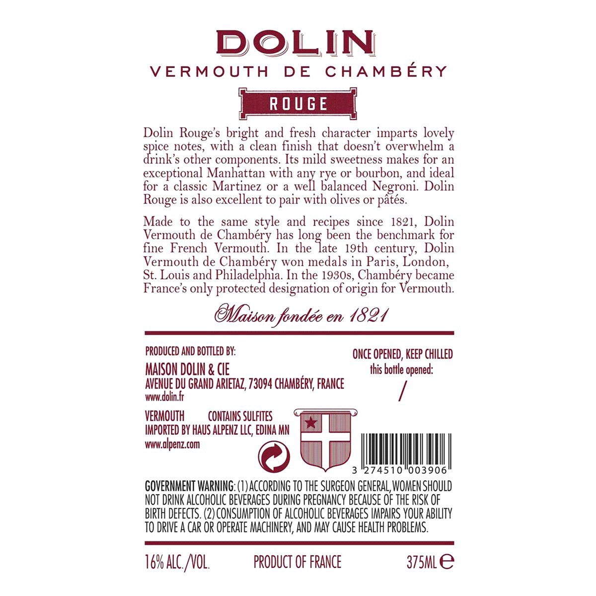 slide 2 of 2, Dolin Rouge Vermouth, 375 ml