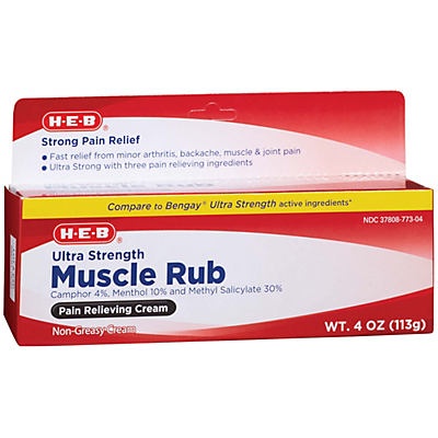 slide 1 of 1, H-E-B Muscle Rub Ultra Strength Non-Greasy Pain Relieving Cream, 4 oz