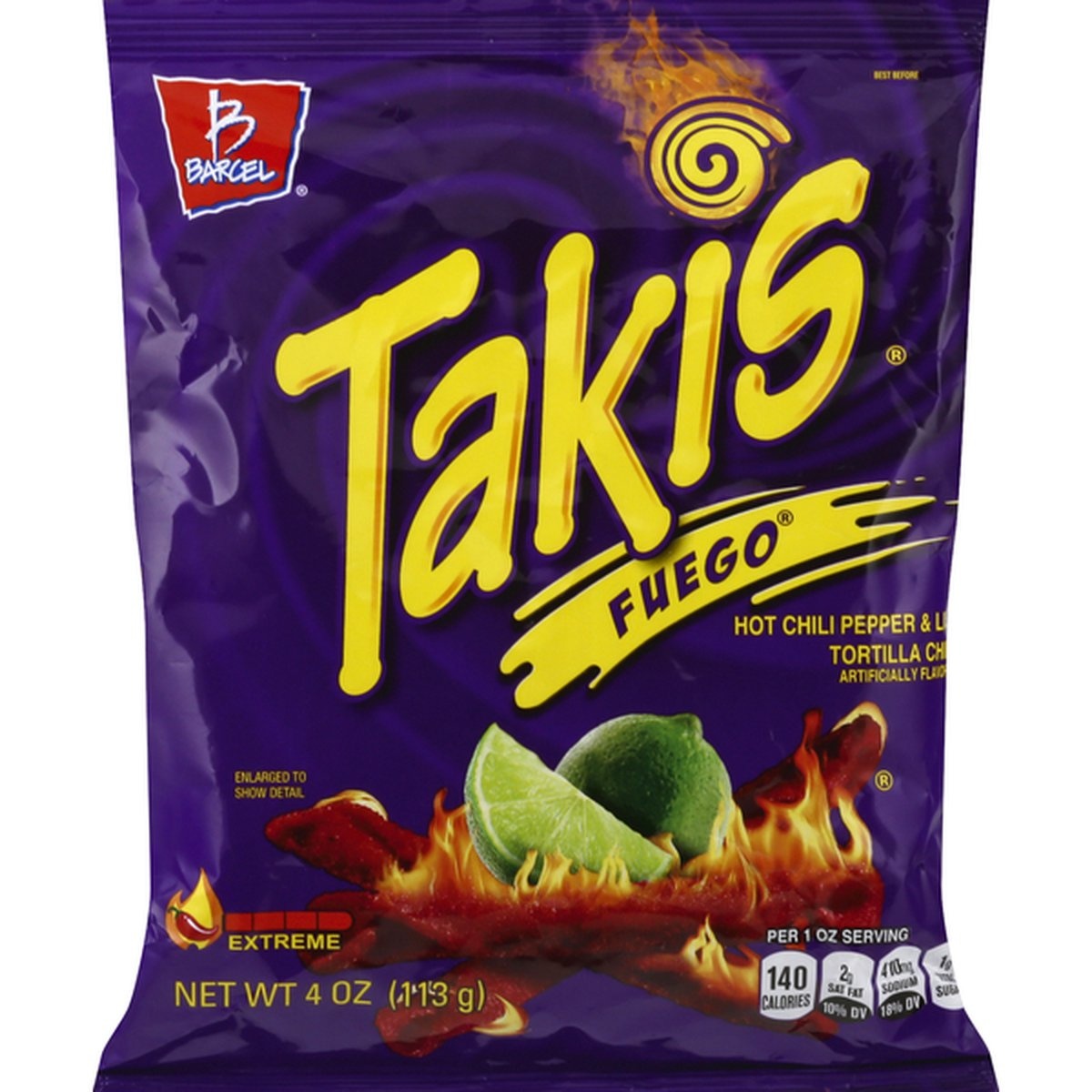 slide 1 of 1, Takis Tortilla Chips, Hot Chili Pepper & Lime, Fuego, Extreme, 4 oz