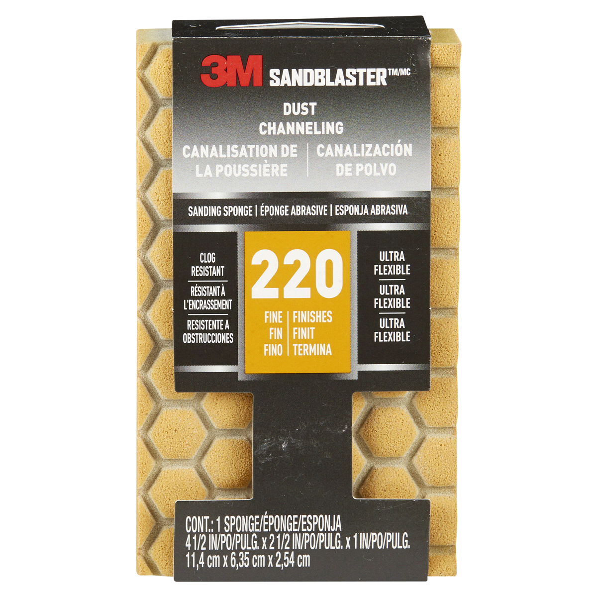 slide 1 of 1, 3M Sandblaster 220 Grit Sanding Sponge, 4.5 in x 2.5 in x 1 in