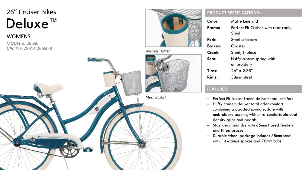 slide 2 of 4, Huffy Deluxe Ladies' Cruiser Bike - Matte Emerald, 26 in