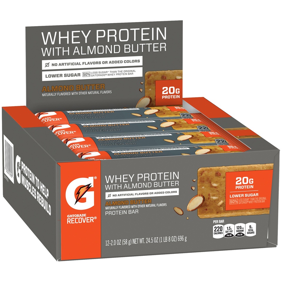 slide 3 of 5, Gatorade Recover Whey Protein with Almond Butter Protein Bars, 12 ct; 2 oz