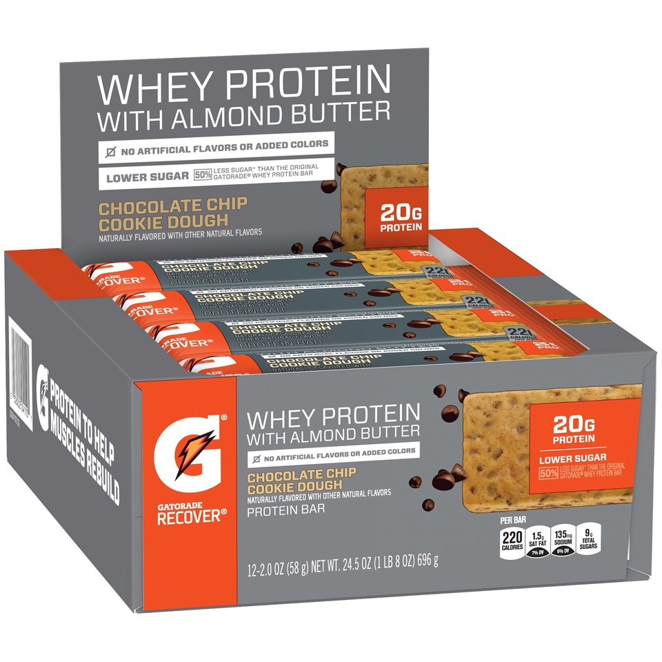slide 2 of 5, Gatorade Recover Whey Protein with Almond Butter Chocolate Chip Cookie Dough Protein Bars, 12 ct; 2 oz