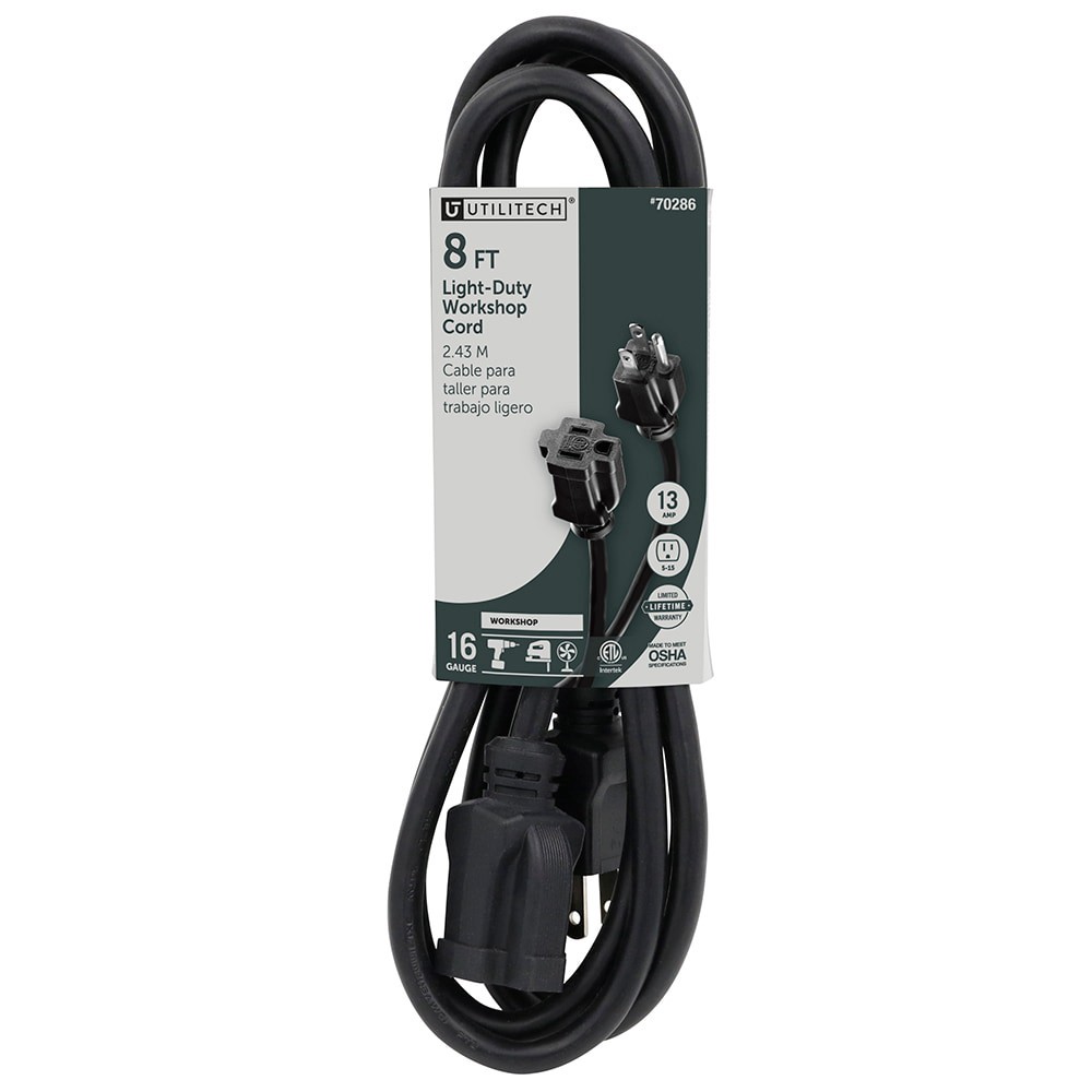 slide 1 of 1, Utilitech 8-ft 16 / 3 Light Duty 3 Prong Black Indoor Extension Power Cord, 1 ct
