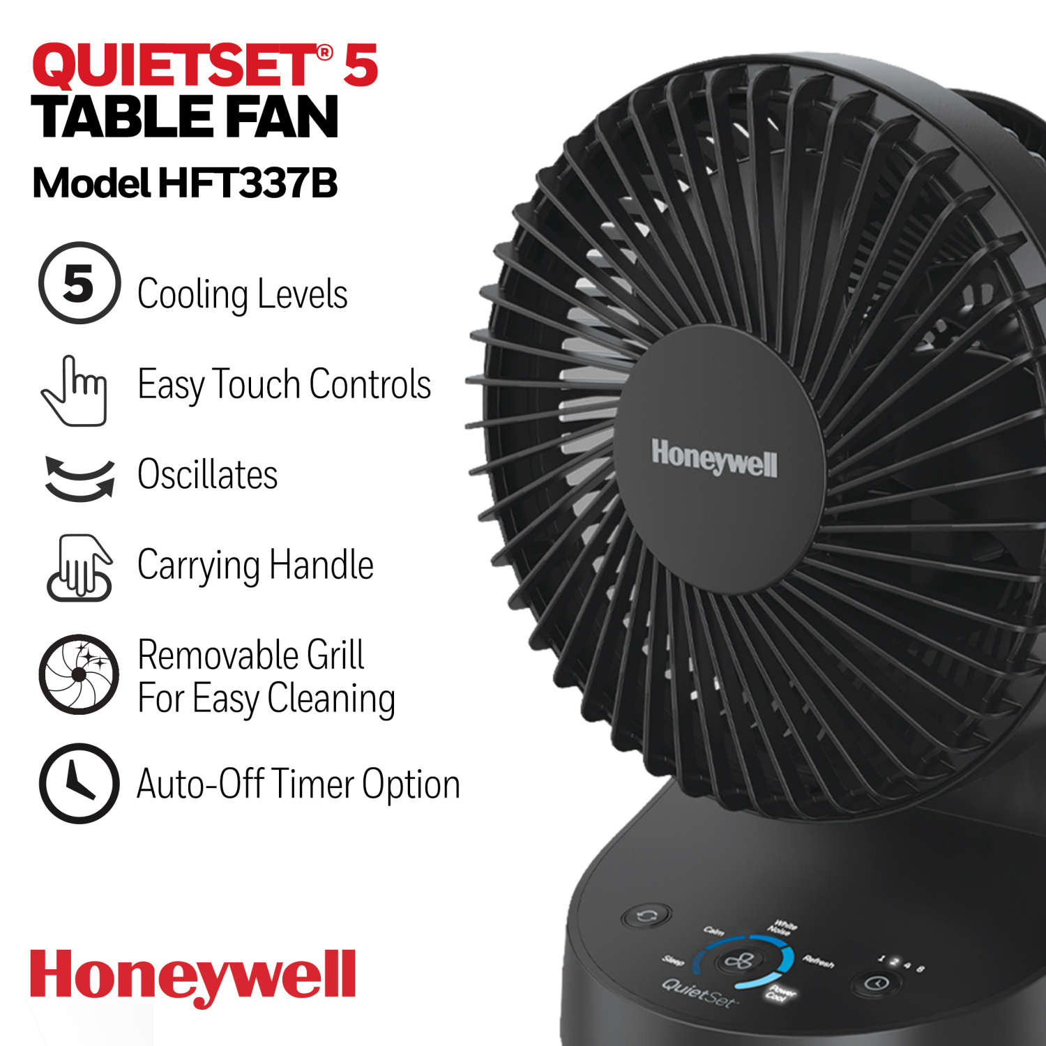 slide 3 of 5, Honeywell QuietSet 5 Oscillating Table Fan, Black HTF337B, black