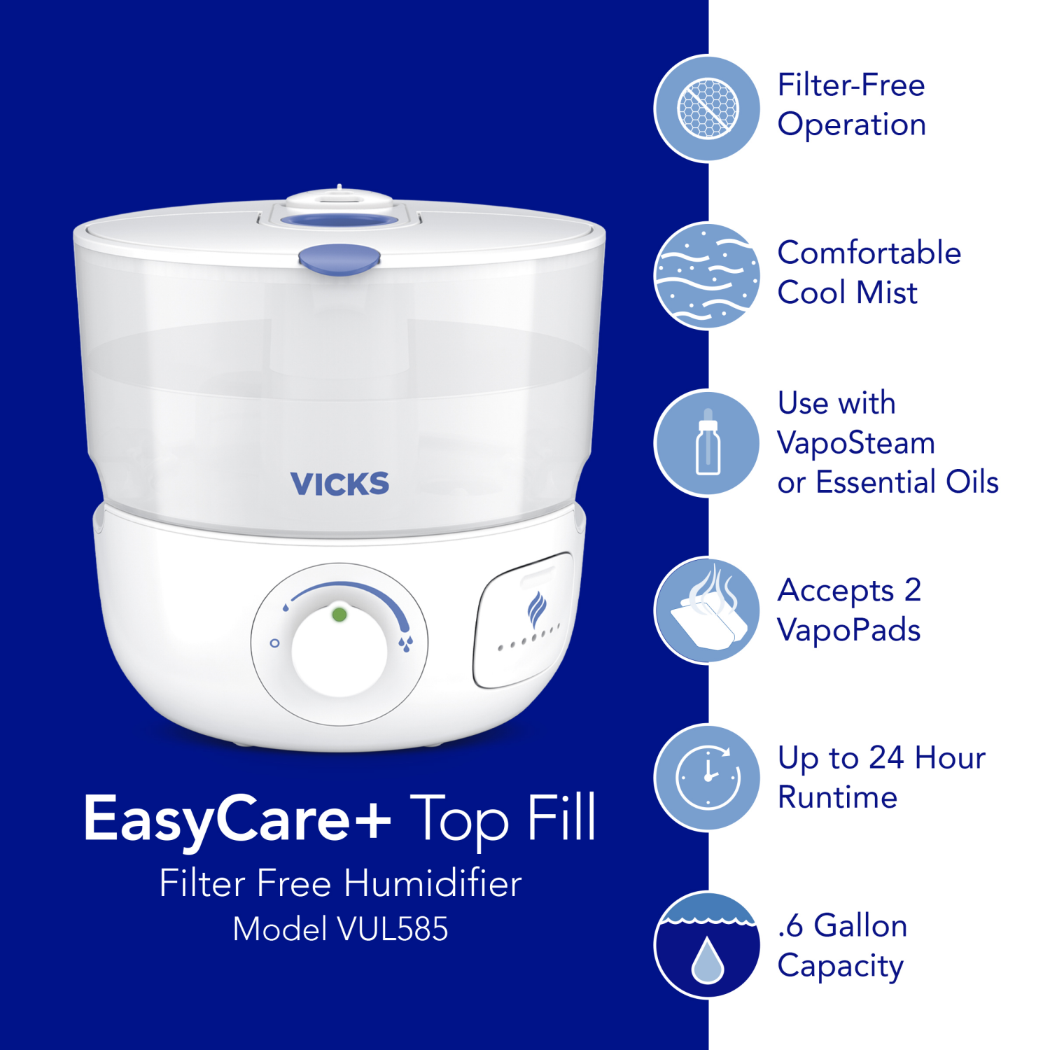 slide 5 of 5, Vicks EasyCare+ Top Fill Filter Free Humidifier 1 ea, 1 ct