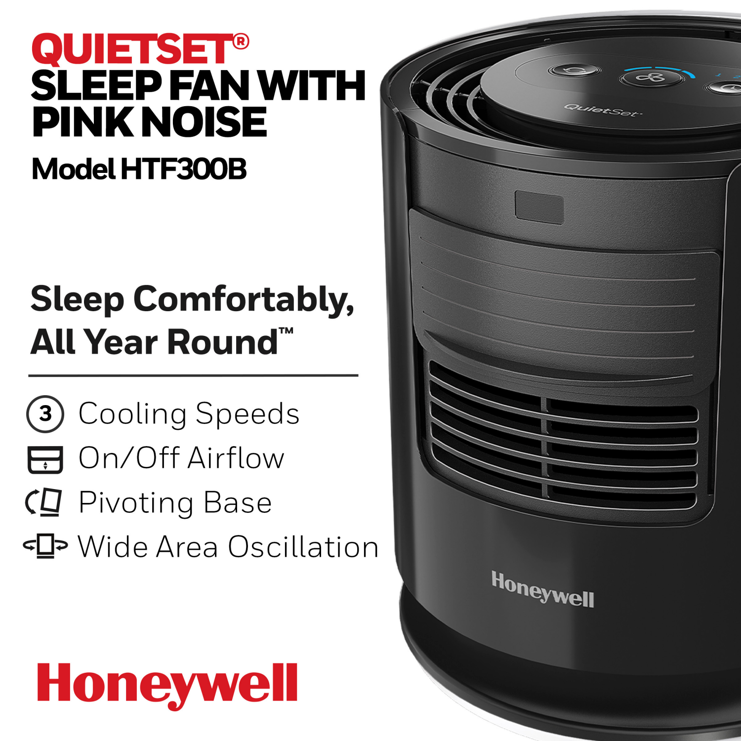 slide 2 of 8, Honeywell QuietSet Sleep Fan with Pink Noise, New, W 7.0" x H 7.4" x L 7.0", Black, HTF300B, black