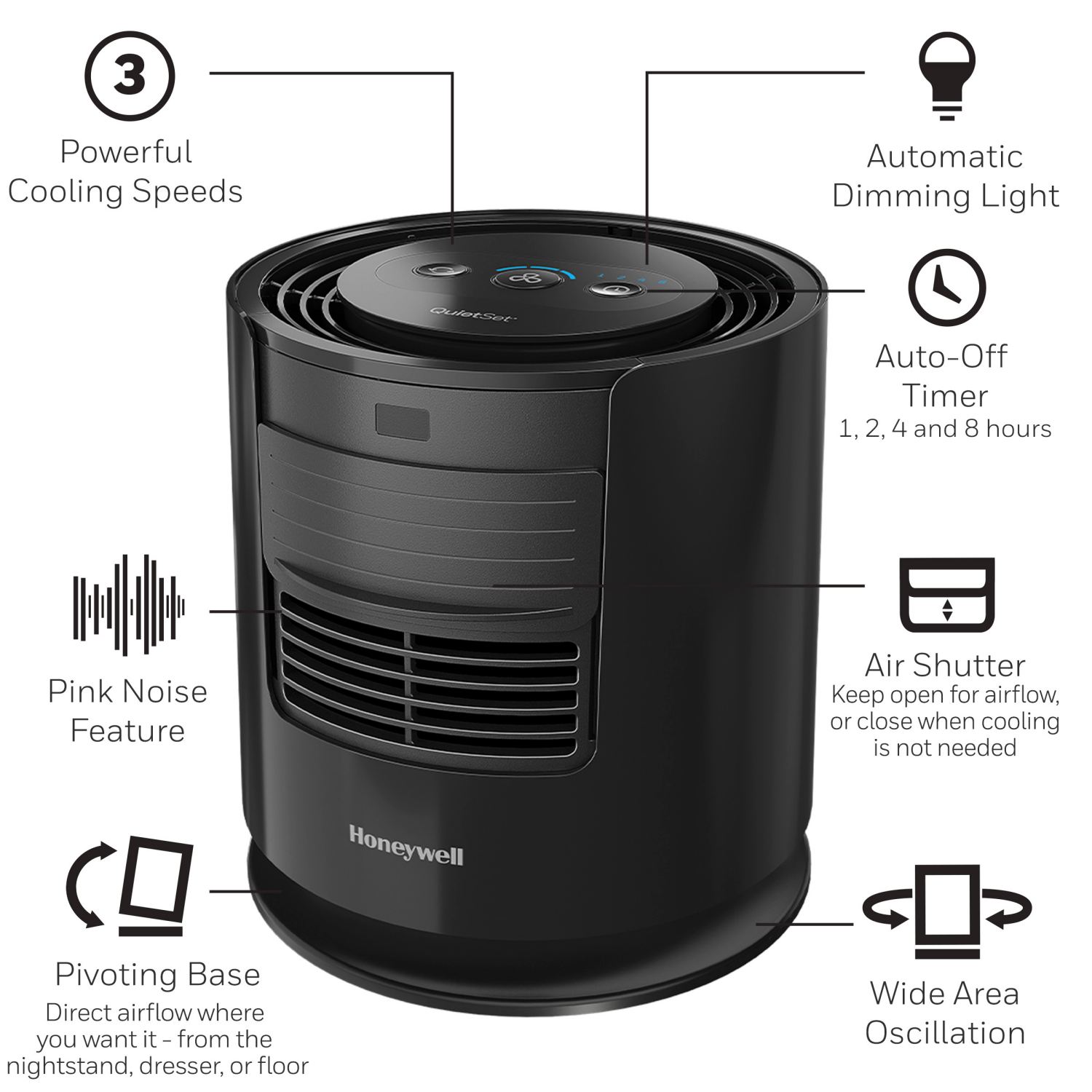 slide 5 of 8, Honeywell QuietSet Sleep Fan with Pink Noise, New, W 7.0" x H 7.4" x L 7.0", Black, HTF300B, black