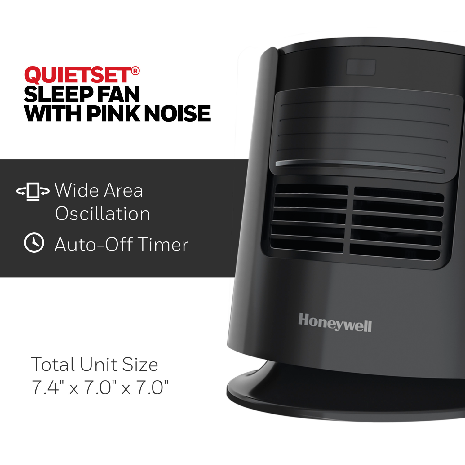 slide 7 of 8, Honeywell QuietSet Sleep Fan with Pink Noise, New, W 7.0" x H 7.4" x L 7.0", Black, HTF300B, black