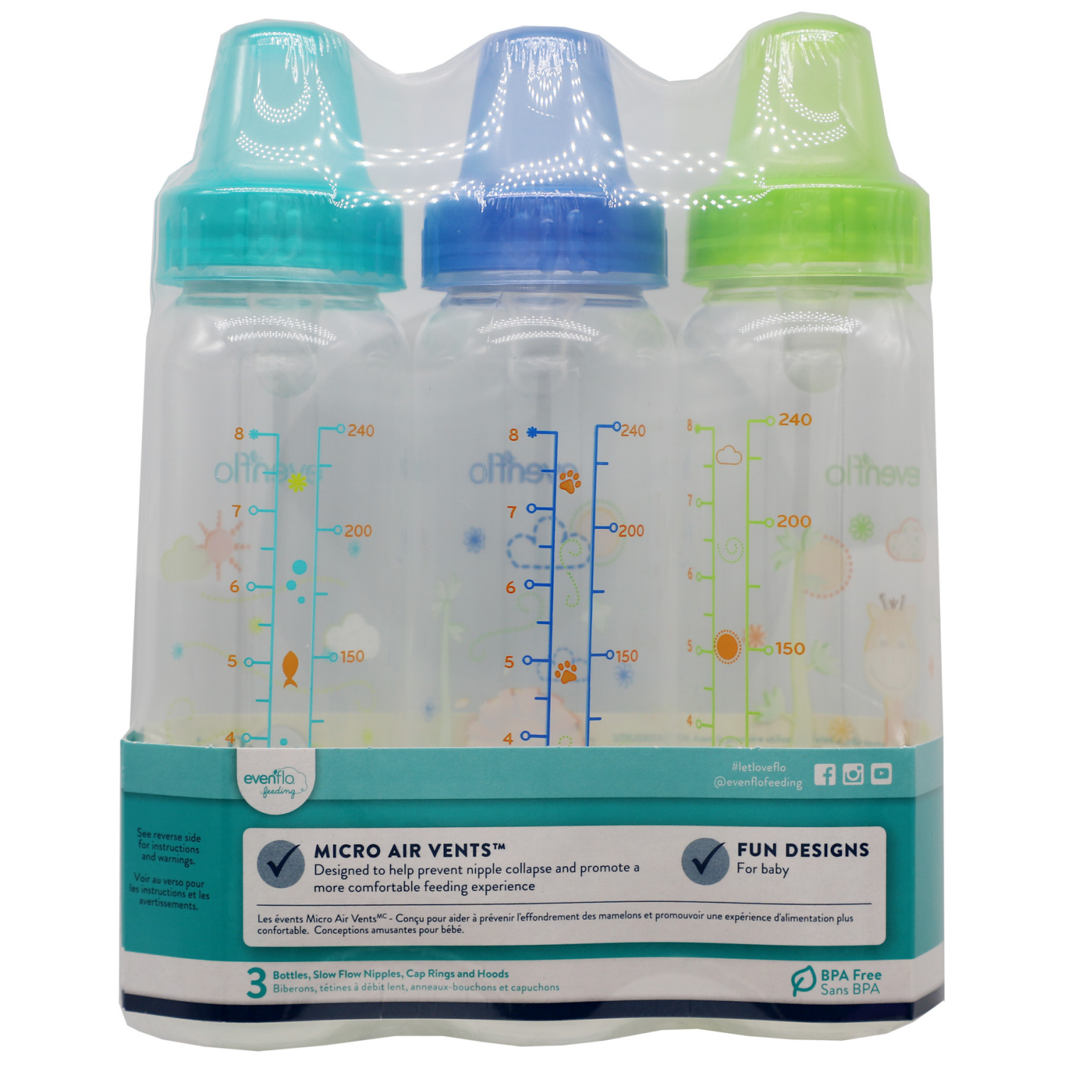 slide 2 of 2, Evenflo 8 Ounce 0M+ Classic Prints Standard Feeding Bottles 3 ea, 3 ct
