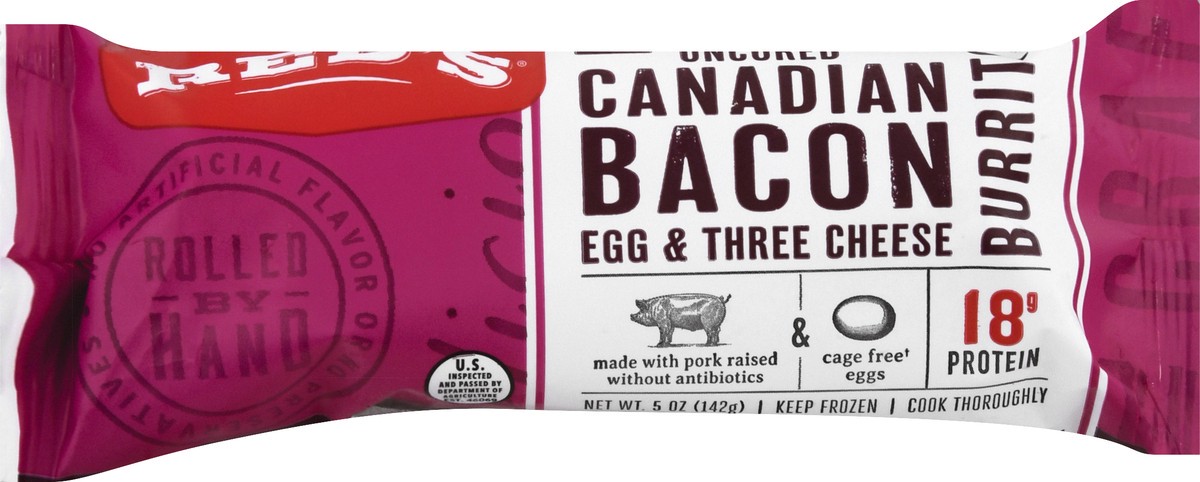 slide 1 of 13, Red's Canadian-style Bacon, Egg & Three Cheese Breakfast Burrito, 5 oz