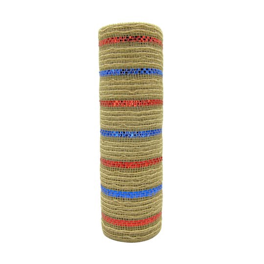 slide 1 of 3, 10" X 19ft. Red, Tan & Blue Striped Mesh By Celebrate It, 10 in x 19 ft