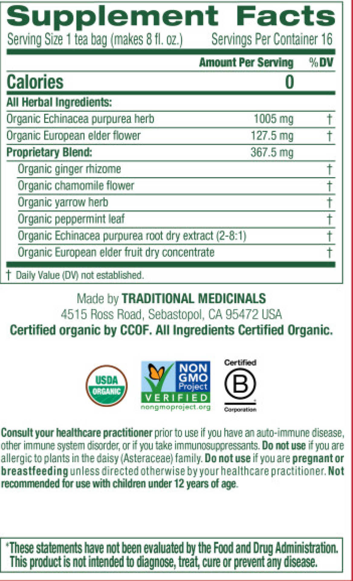 slide 3 of 3, Traditional Medicinals Organic Echinacea Plus Elderberry Caffeine Free Herbal Tea, 16 ct