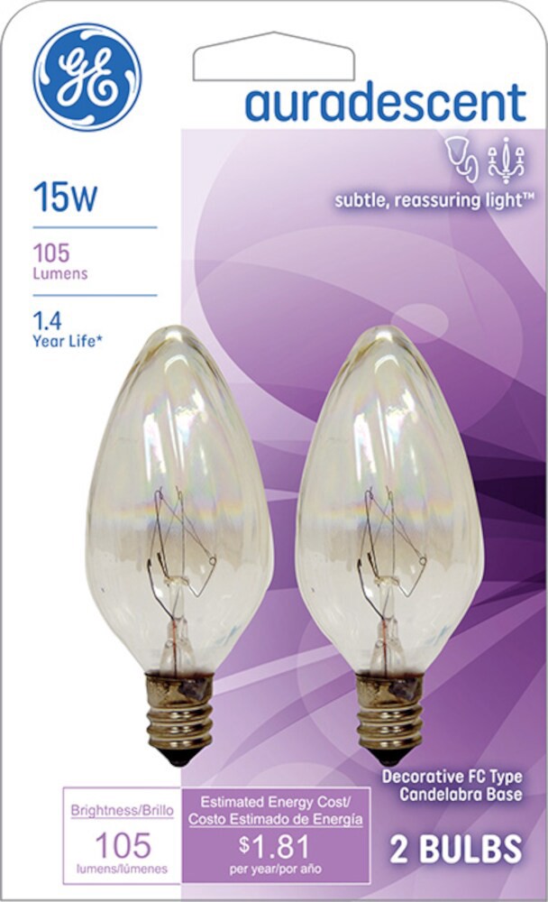 slide 1 of 1, GE Decorative Auradescent Lights, Flame Shape, Crystal Clear, 15 Watts, 2 ct