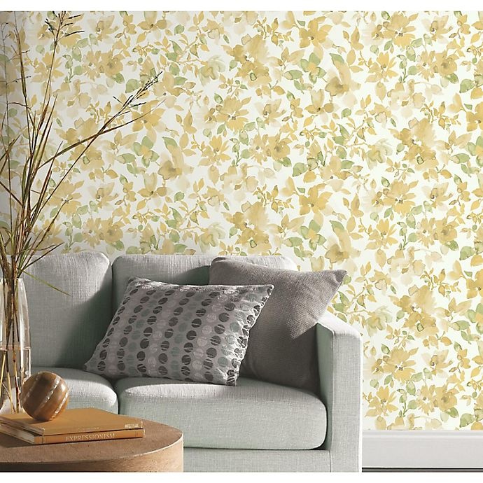 slide 1 of 9, RoomMates Watercolor Floral Peel & Stick Wallpaper - Yellow/Green, 1 ct