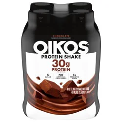 Oikos Protein Shake, Chocolate, 30g High Protein Drinks, Shelf Stable, Ready to Drink, 5g Prebiotic Fiber, 12 fl oz Bottle, 4 Count​