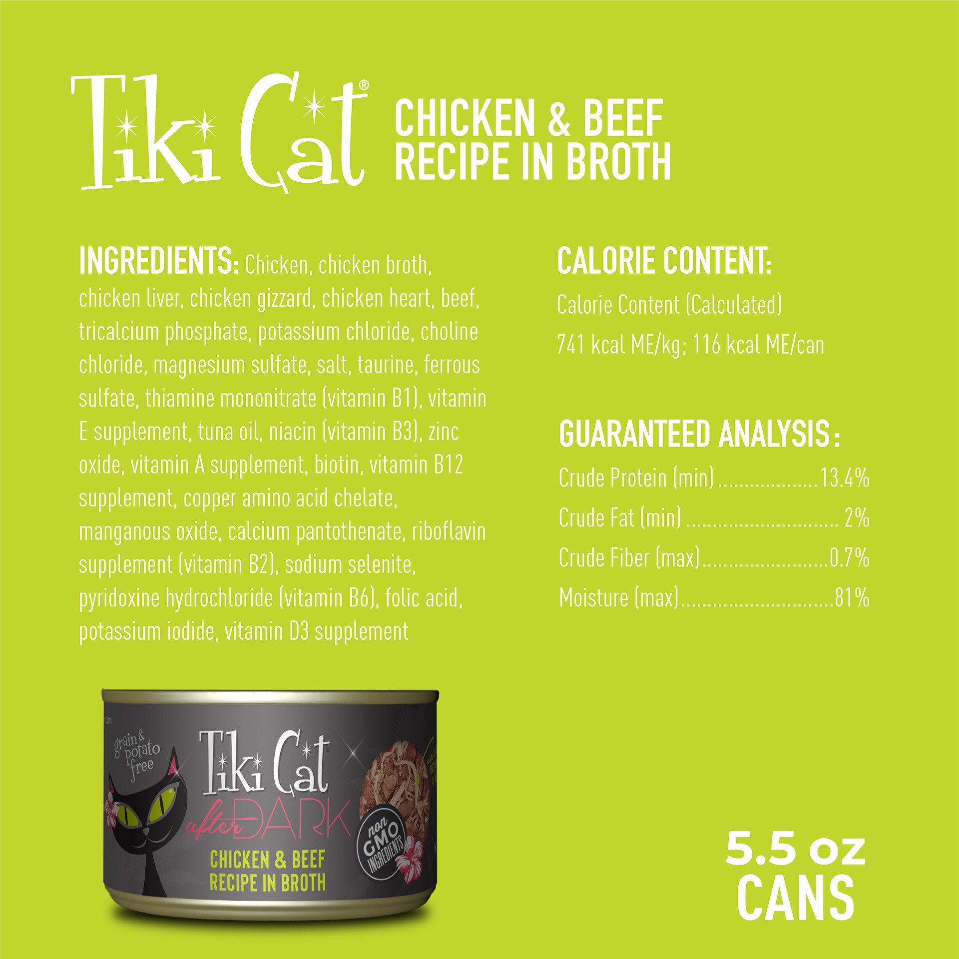 slide 2 of 8, Tiki Cat After Dark Whole Foods Wet Cat Food, Chicken & Beef, 5.5 oz. Can (8 Count), 5.5 oz