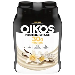 Oikos Protein Shake, Vanilla, 30g High Protein Drinks, Shelf Stable, Ready to Drink, 5g Prebiotic Fiber, 12 fl oz Bottle, 4 Count​