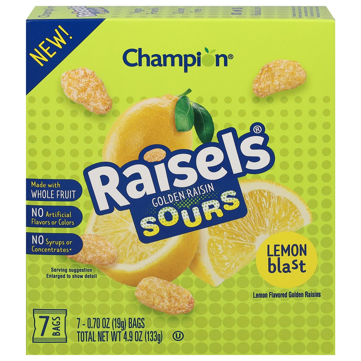 slide 1 of 10, Champion Raisels Sours Lemon Blast Golden Raisin 7 - 0.70 oz ea, 7 ct