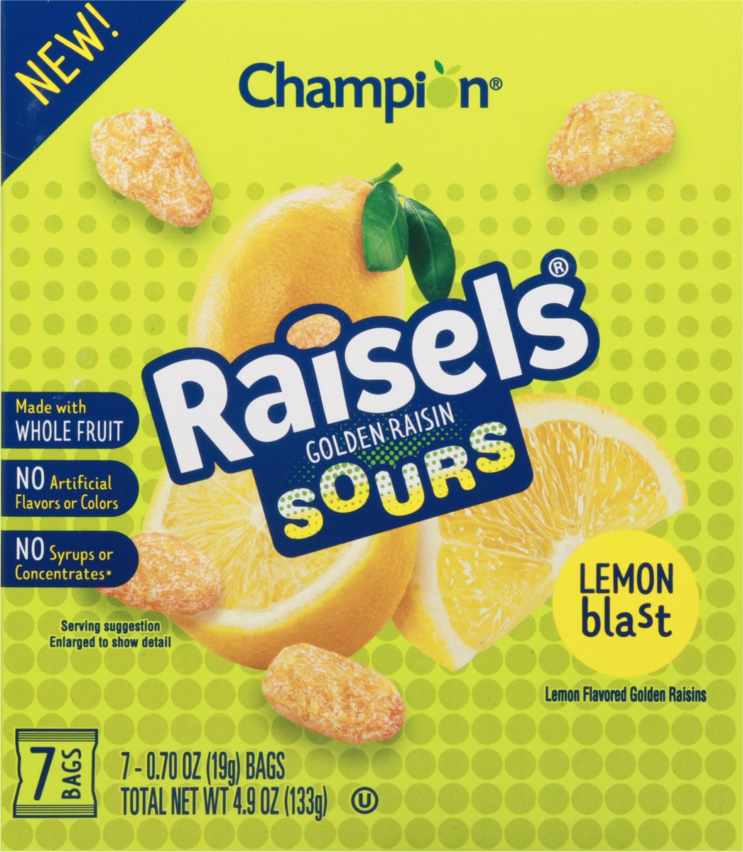 slide 7 of 10, Champion Raisels Sours Lemon Blast Golden Raisin 7 - 0.70 oz ea, 7 ct