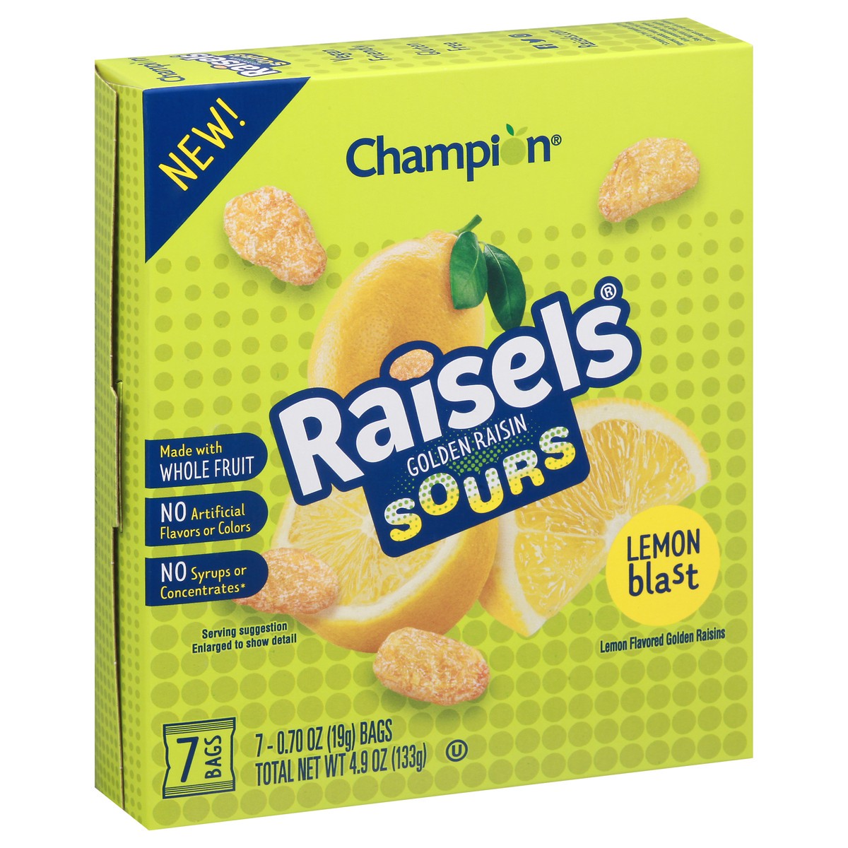 slide 9 of 10, Champion Raisels Sours Lemon Blast Golden Raisin 7 - 0.70 oz ea, 7 ct