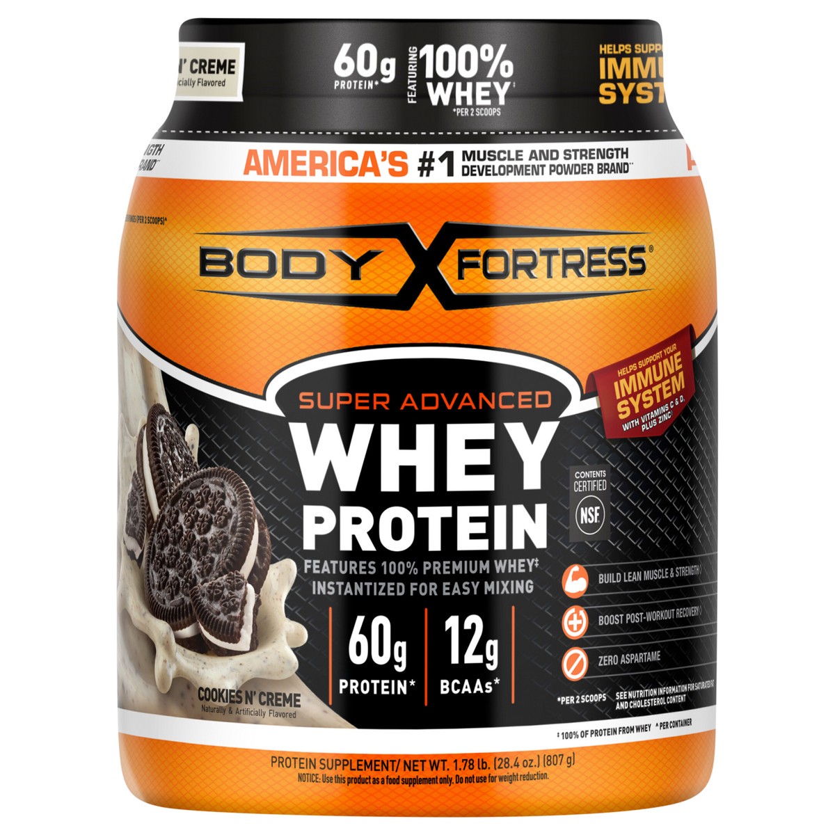 slide 3 of 4, Body Fortress Super Advanced 100% Premium Whey Protein Powder, Cookies N’ Creme, 60g Protein & 12g BCAAs Per 2 Scoops, Muscle Gain & Recovery, Immune Support with Vitamins C & D, 1.78lbs (Packaging May Vary), 1.78 lb