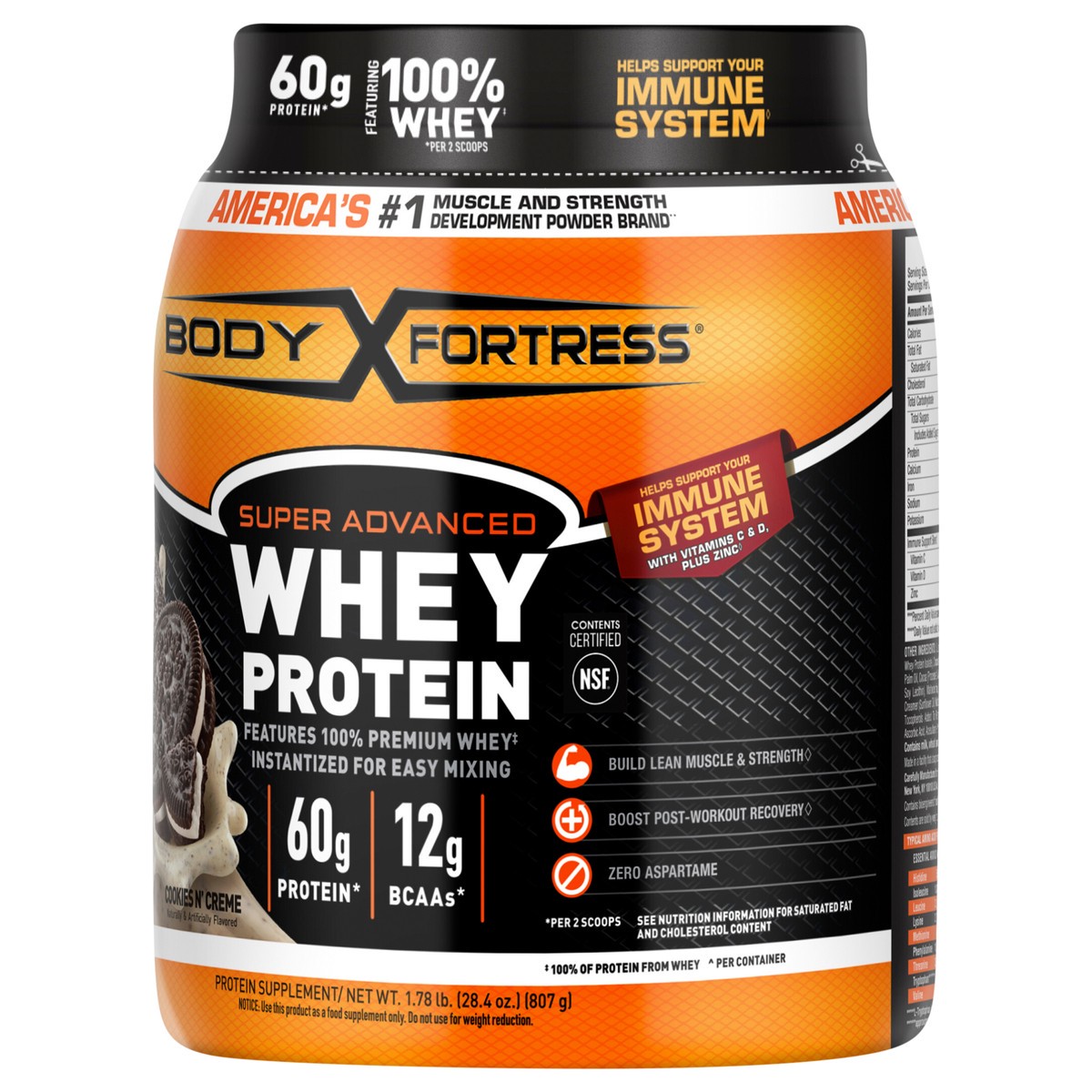 slide 2 of 4, Body Fortress Super Advanced 100% Premium Whey Protein Powder, Cookies N’ Creme, 60g Protein & 12g BCAAs Per 2 Scoops, Muscle Gain & Recovery, Immune Support with Vitamins C & D, 1.78lbs (Packaging May Vary), 1.78 lb