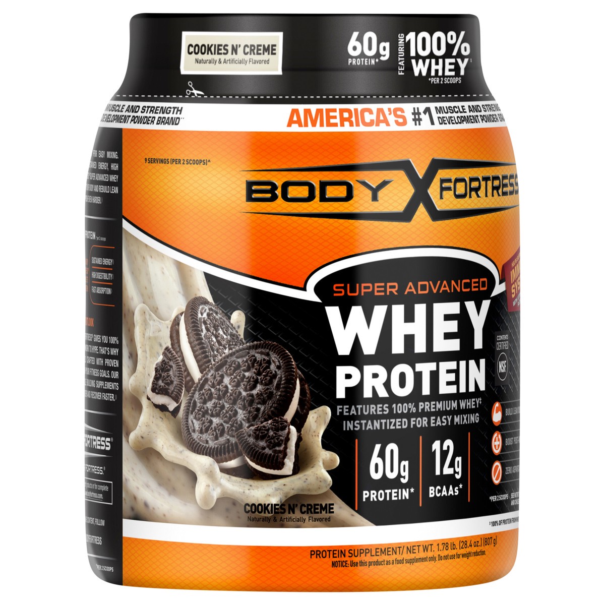 slide 4 of 4, Body Fortress Super Advanced 100% Premium Whey Protein Powder, Cookies N’ Creme, 60g Protein & 12g BCAAs Per 2 Scoops, Muscle Gain & Recovery, Immune Support with Vitamins C & D, 1.78lbs (Packaging May Vary), 1.78 lb