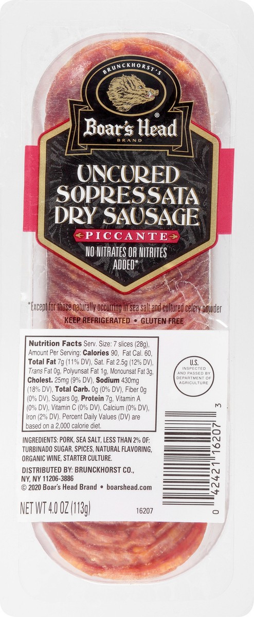 slide 3 of 9, Boar's Head Uncured Sopressata Dry Sausage Piccante, 4 oz