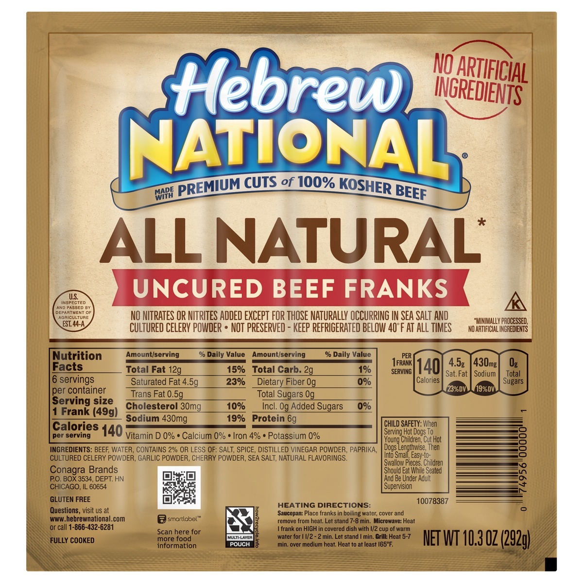 slide 1 of 1, Hebrew National All Natural Uncured Beef Franks, 10.3 oz