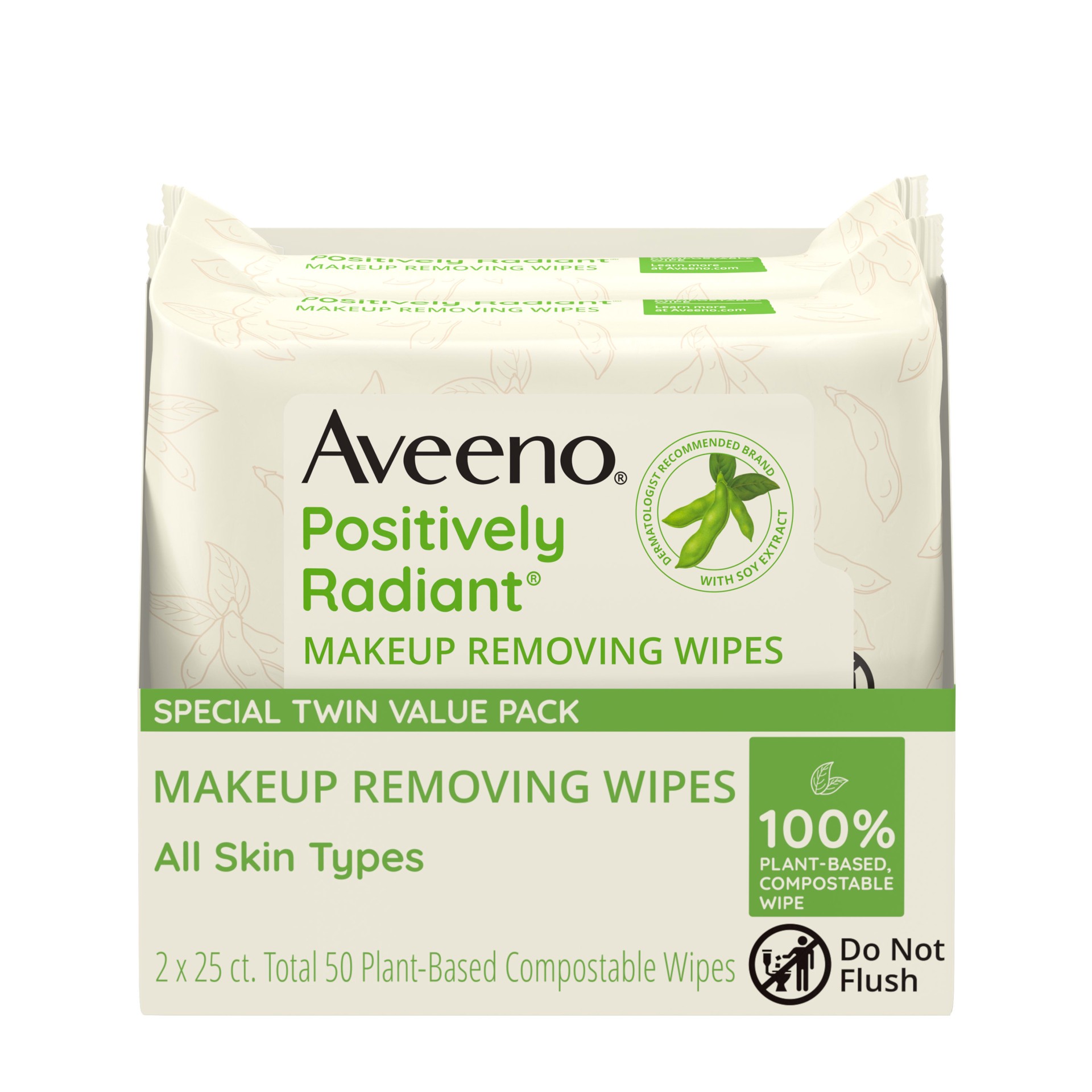 slide 1 of 9, Aveeno Positively Radiant Makeup Remover Facial Wipes, 2 x 25 ct, 50 ct