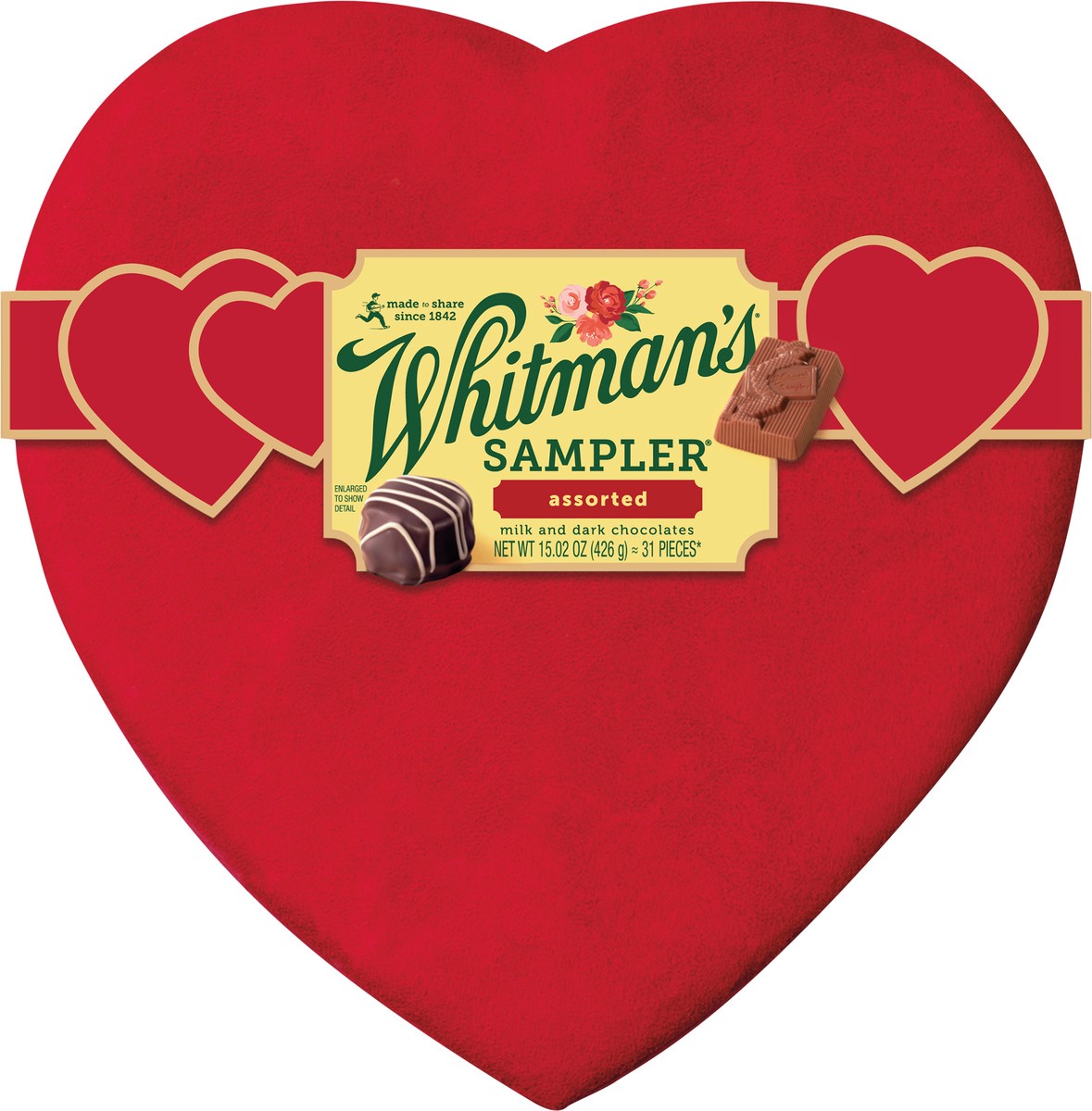 slide 6 of 14, WHITMAN'S SAMPLER Valentine's Day Suede Heart Assorted Milk & Dark Chocolate Gift Box, (31 pieces) - 31 ct, 31 ct