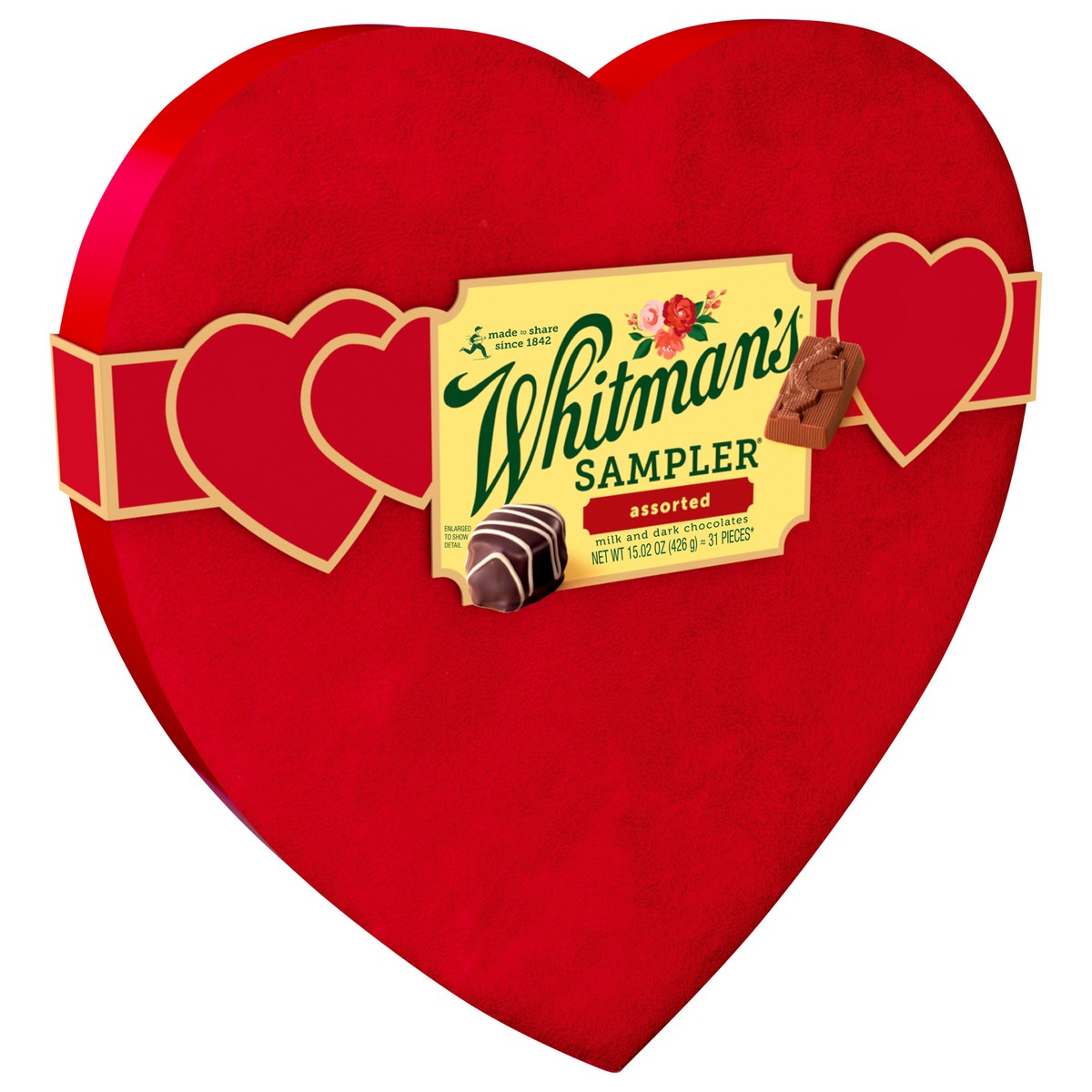 slide 8 of 14, WHITMAN'S SAMPLER Valentine's Day Suede Heart Assorted Milk & Dark Chocolate Gift Box, (31 pieces) - 31 ct, 31 ct