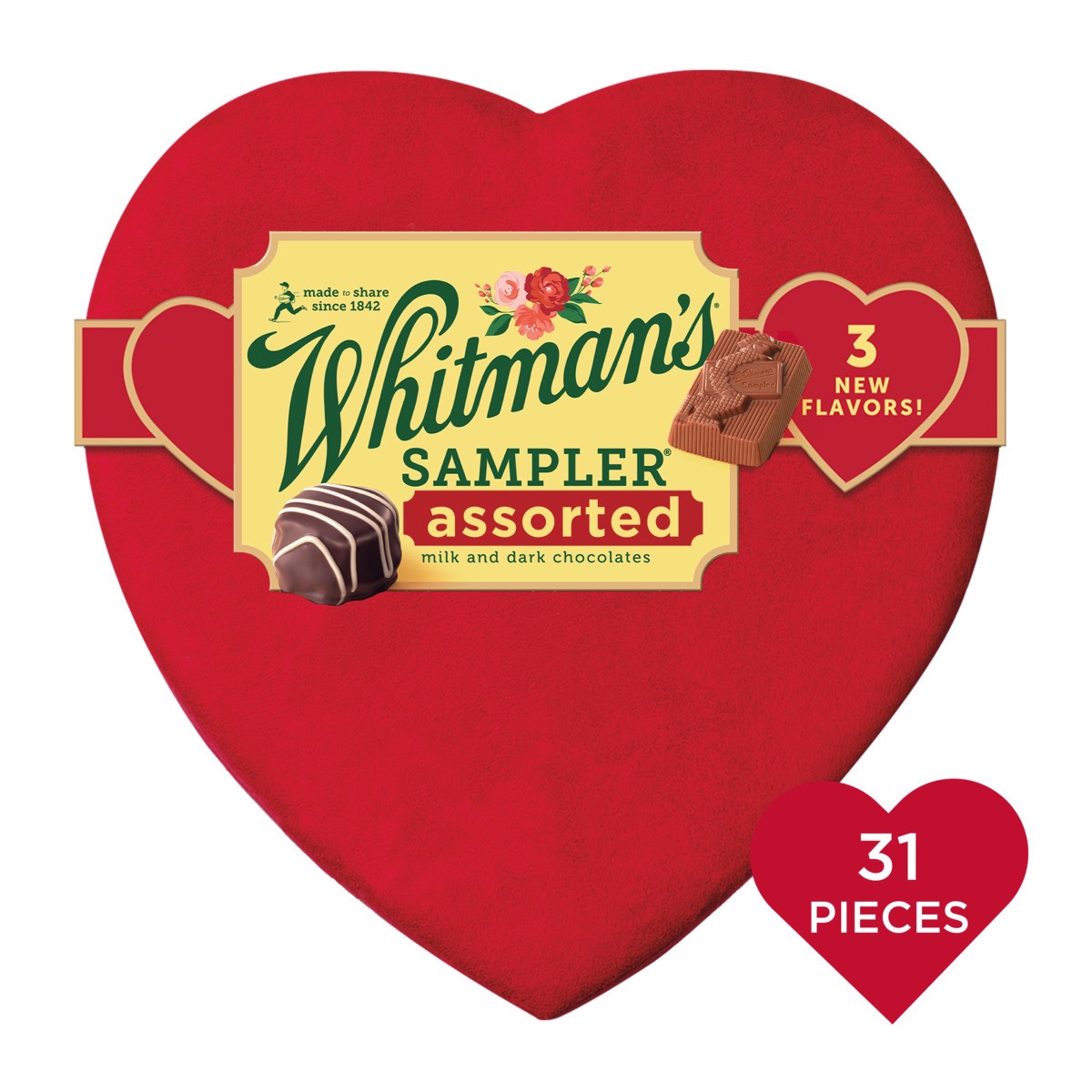 slide 2 of 14, WHITMAN'S SAMPLER Valentine's Day Suede Heart Assorted Milk & Dark Chocolate Gift Box, (31 pieces) - 31 ct, 31 ct