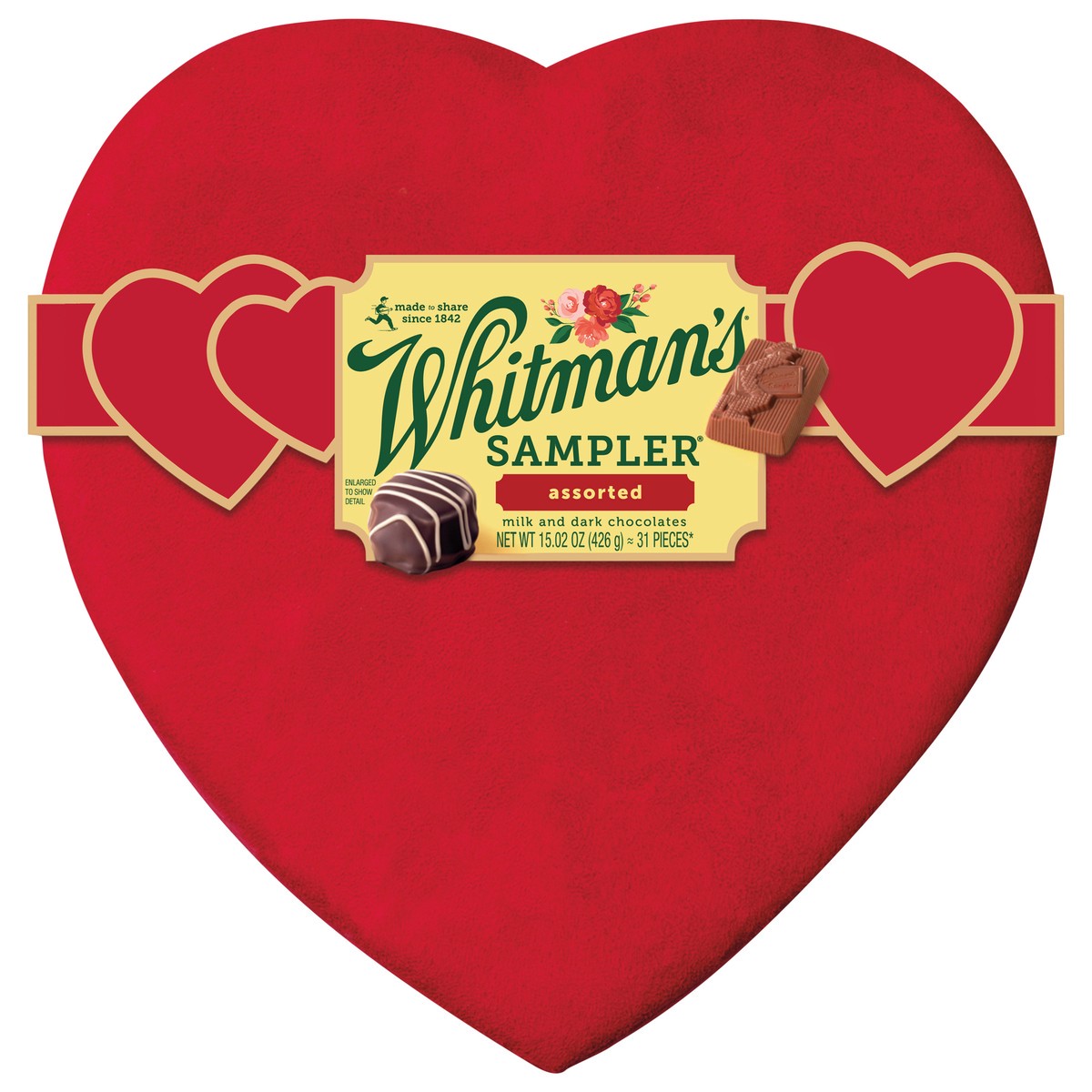 slide 1 of 14, WHITMAN'S SAMPLER Valentine's Day Suede Heart Assorted Milk & Dark Chocolate Gift Box, (31 pieces) - 31 ct, 31 ct