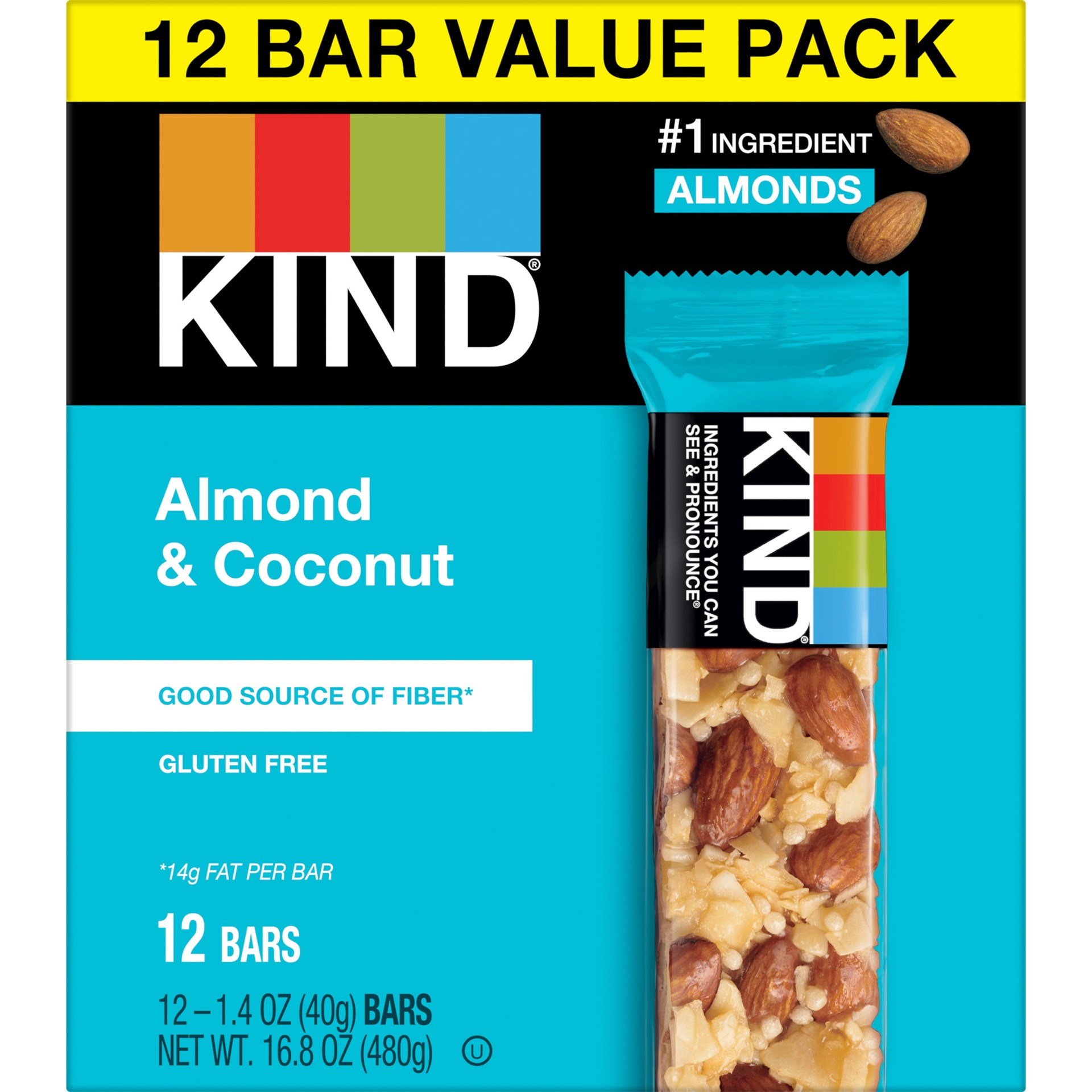 slide 1 of 9, KIND Gluten Free Ready to Eat Almond & Coconut Snack Bars, Value Pack, 1.4 oz, 12 Count Box, 16.8 oz