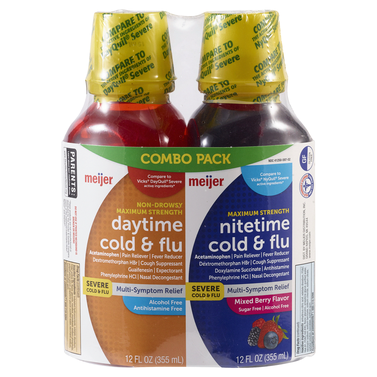 slide 1 of 5, Meijer Severe Cold & Flu Relief Day/Night Combo, 12 oz, 2 ct