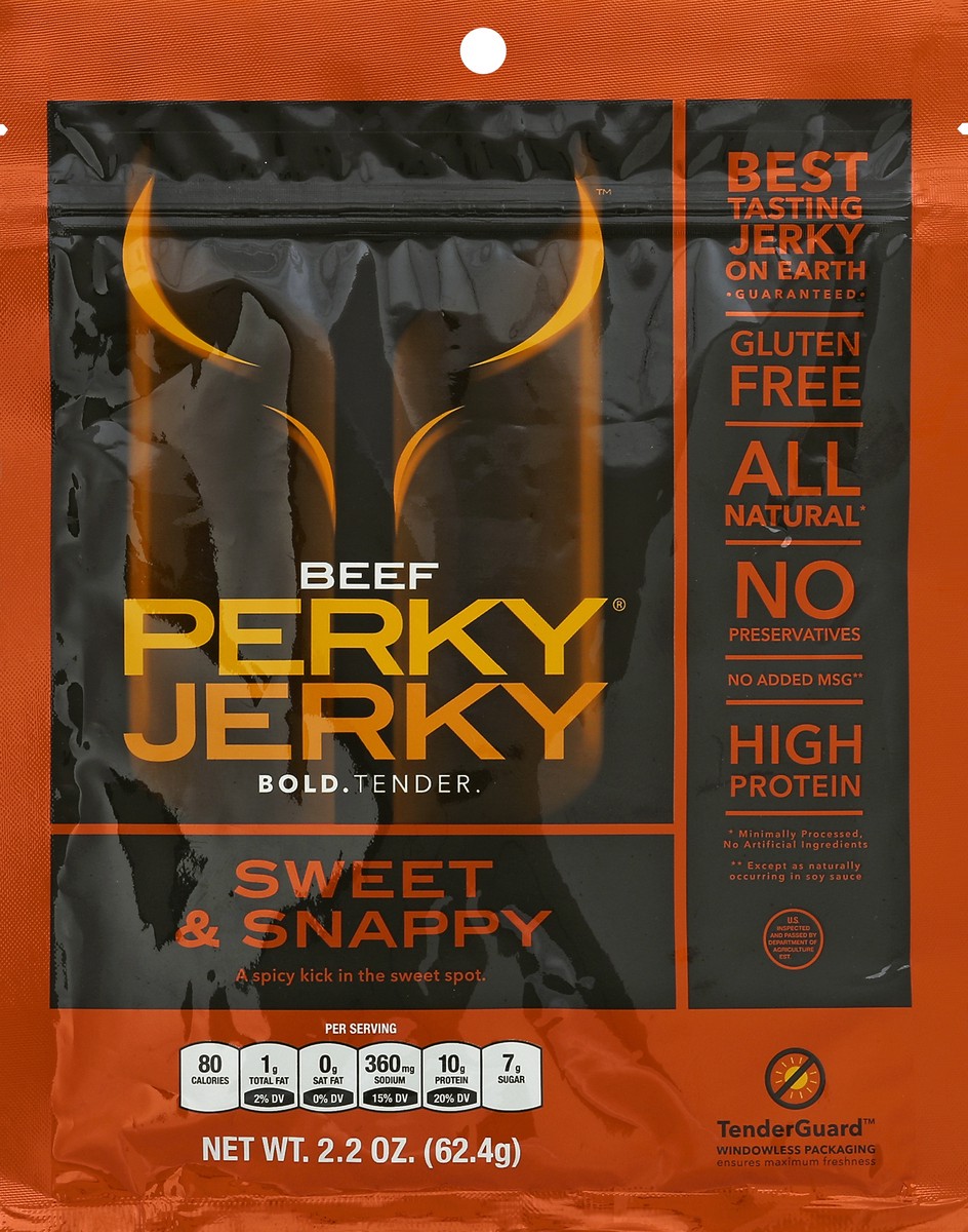 slide 2 of 3, Perky Jerky Beef Jerky, Sweet & Snappy, 2.2 oz