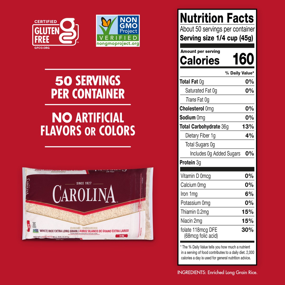 slide 9 of 9, Carolina White Rice, Extra Long Grain, Enriched, 80 oz