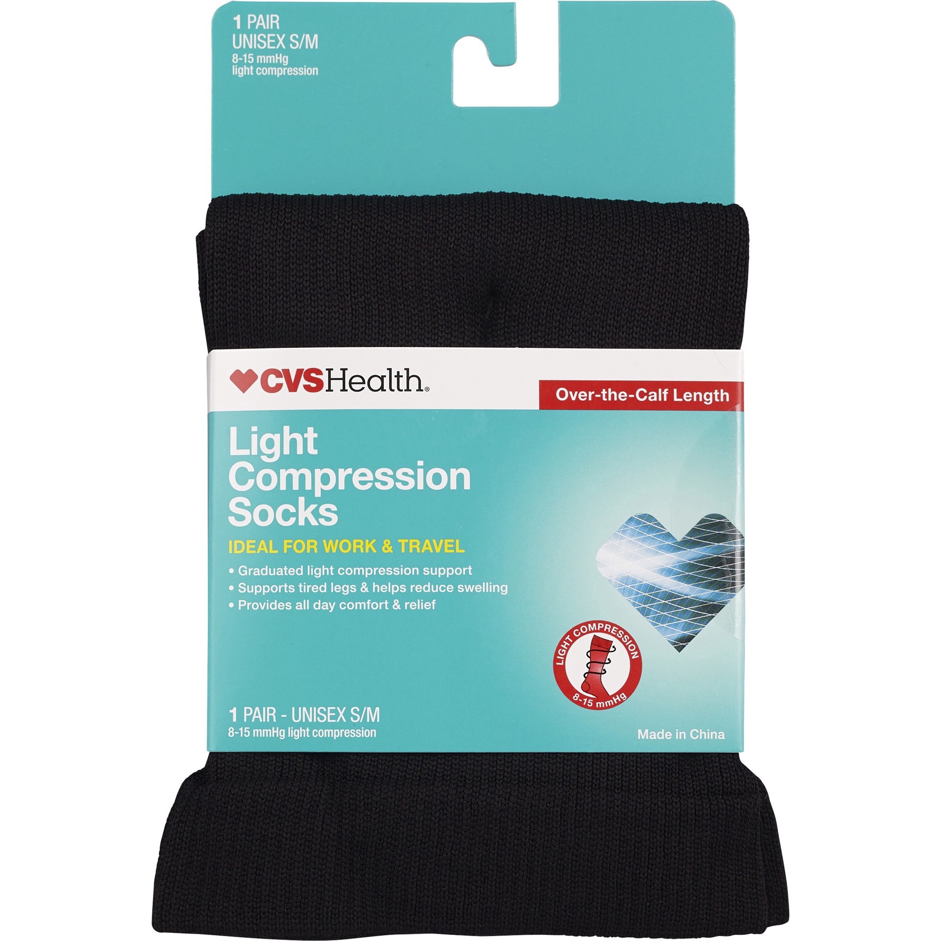slide 1 of 1, CVS Health Light Compression Socks Over-The-Calf Unisex, 1 Pair, Black, S/M, 1 ct