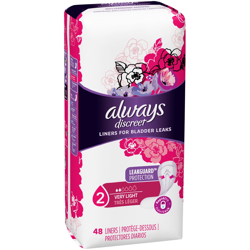 slide 2 of 3, Always Discreet Very Light Absorbency Regular Length Incontinence Liners, 48 ct