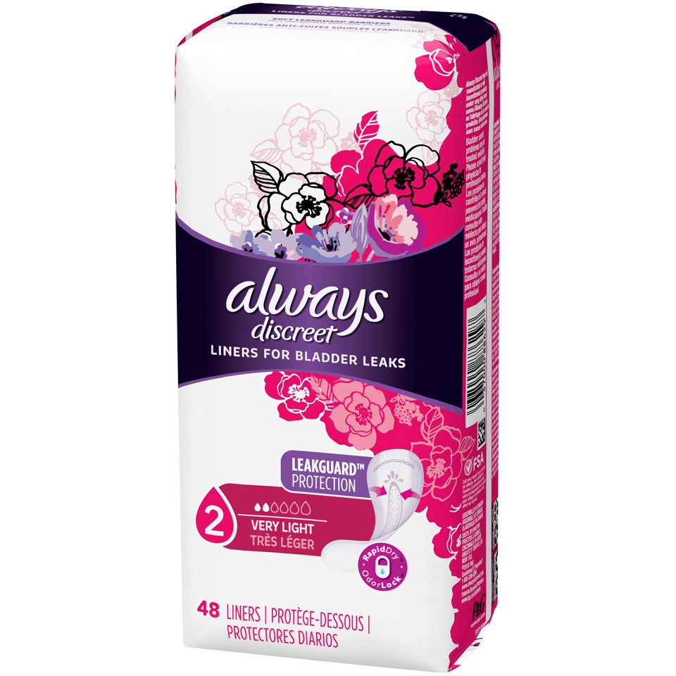 slide 3 of 3, Always Discreet Very Light Absorbency Regular Length Incontinence Liners, 48 ct