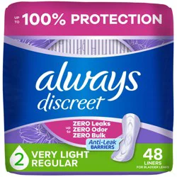 Always Discreet Incontinence Panty Liners for Bladder Leaks, Size 2, Very Light Absorbency, 48 CT