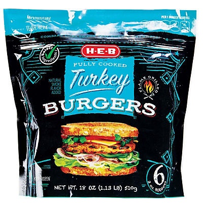 slide 1 of 1, H-E-B Fully Cooked Turkey Burgers, 18 oz