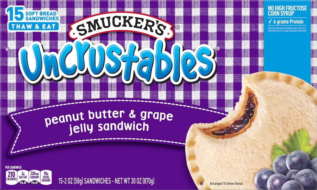slide 11 of 11, Smucker's Uncrustables Peanut Butter & Grape Jelly Sandwich, 15-Count Pack, 15 ct; 2 oz