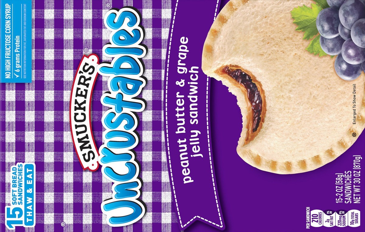 slide 2 of 11, Smucker's Uncrustables Peanut Butter & Grape Jelly Sandwich, 15-Count Pack, 15 ct; 2 oz