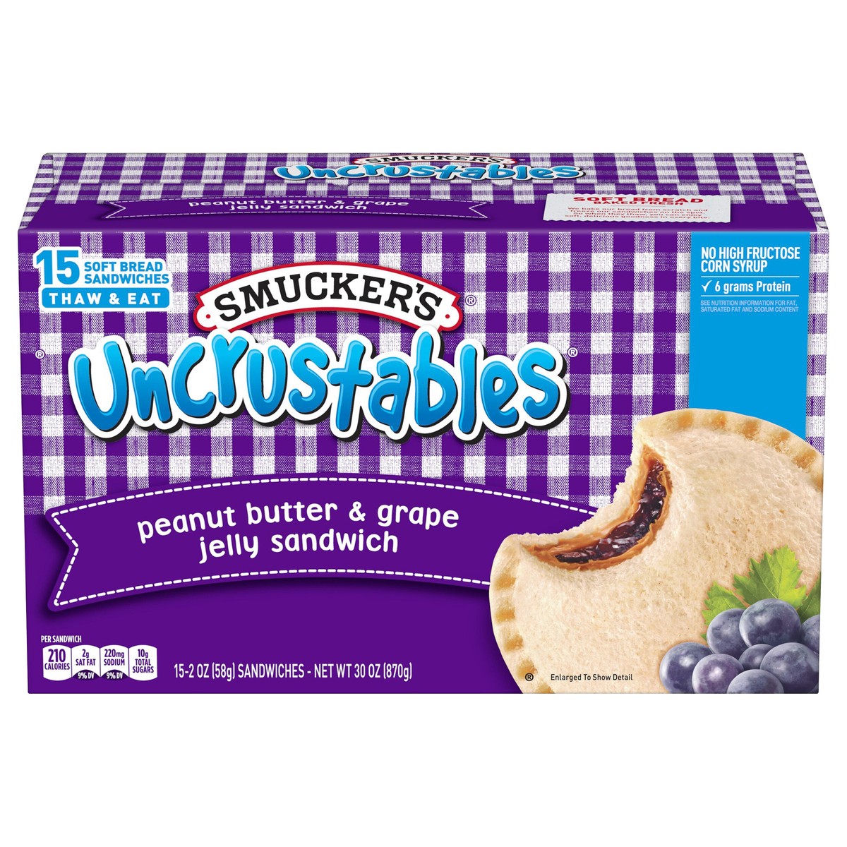 slide 10 of 11, Smucker's Uncrustables Peanut Butter & Grape Jelly Sandwich, 15-Count Pack, 15 ct; 2 oz